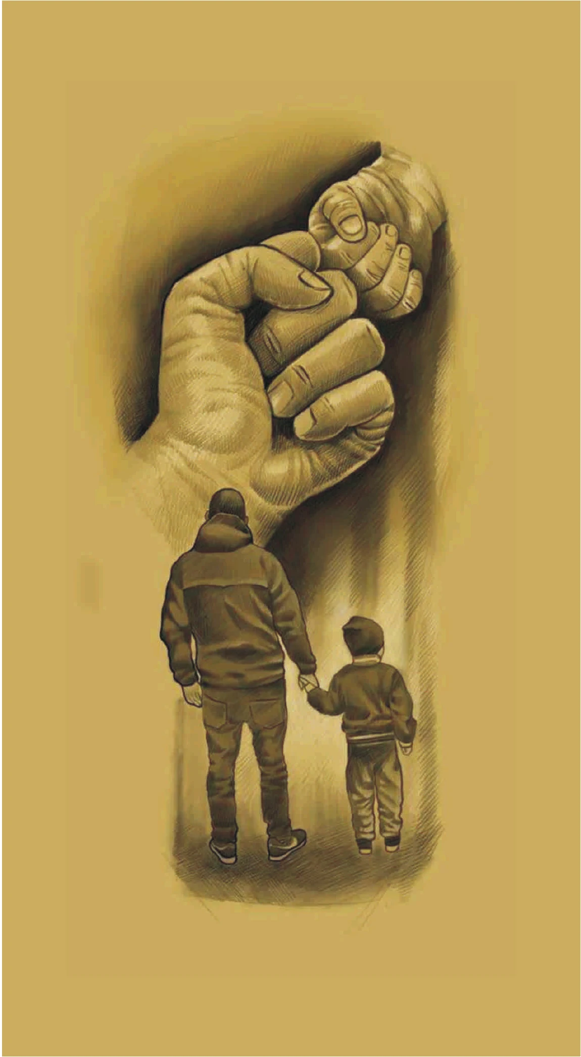 Father & Son Walking Hand in Hand Sketch